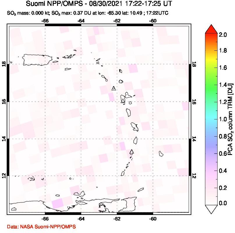 A sulfur dioxide image over Montserrat, West Indies on Aug 30, 2021.