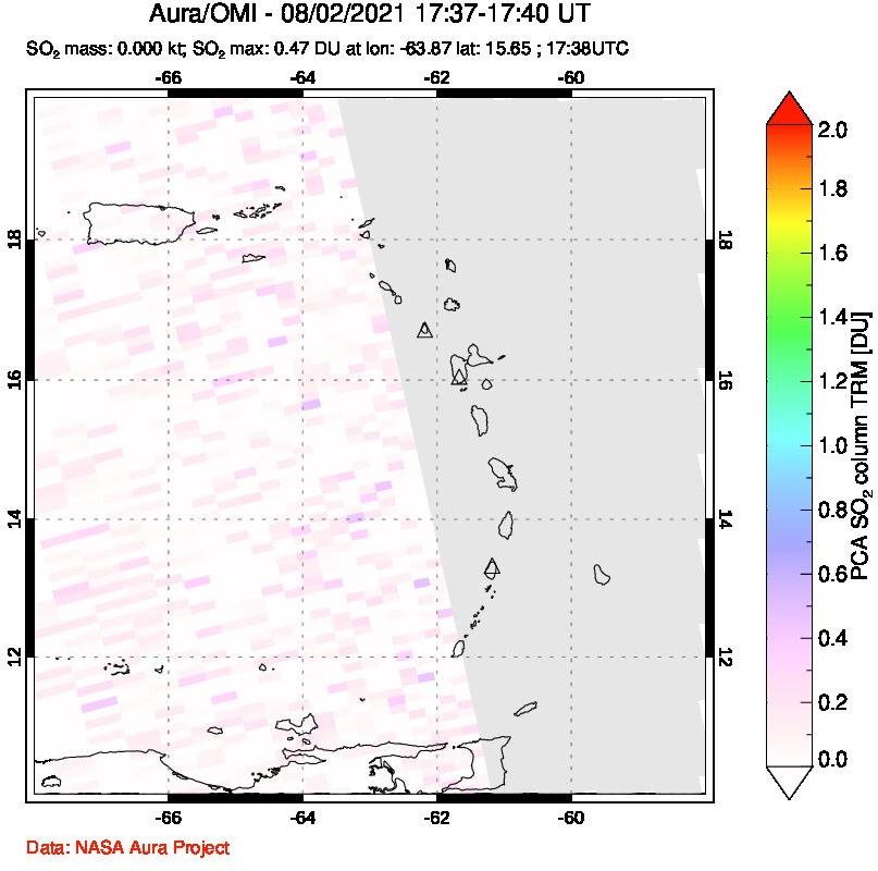 A sulfur dioxide image over Montserrat, West Indies on Aug 02, 2021.