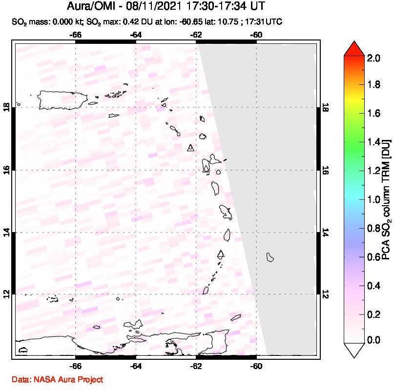 A sulfur dioxide image over Montserrat, West Indies on Aug 11, 2021.