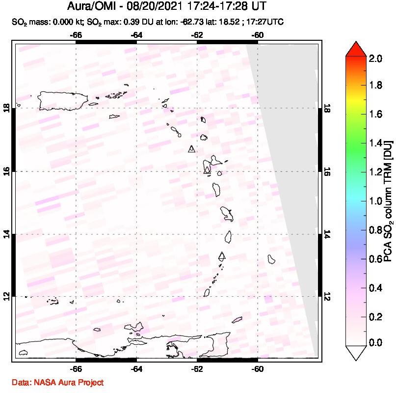 A sulfur dioxide image over Montserrat, West Indies on Aug 20, 2021.