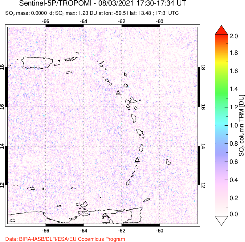 A sulfur dioxide image over Montserrat, West Indies on Aug 03, 2021.