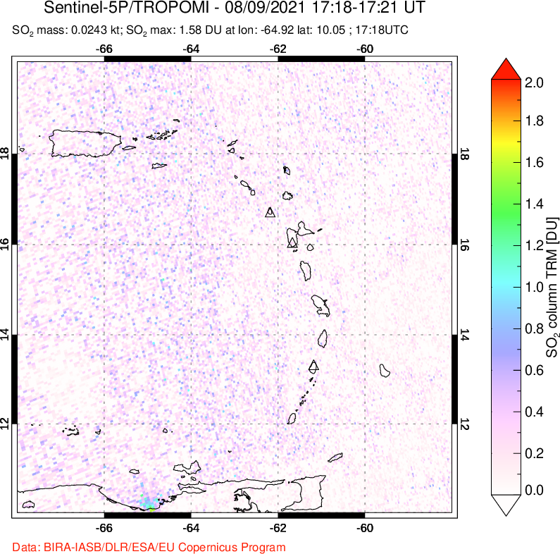 A sulfur dioxide image over Montserrat, West Indies on Aug 09, 2021.