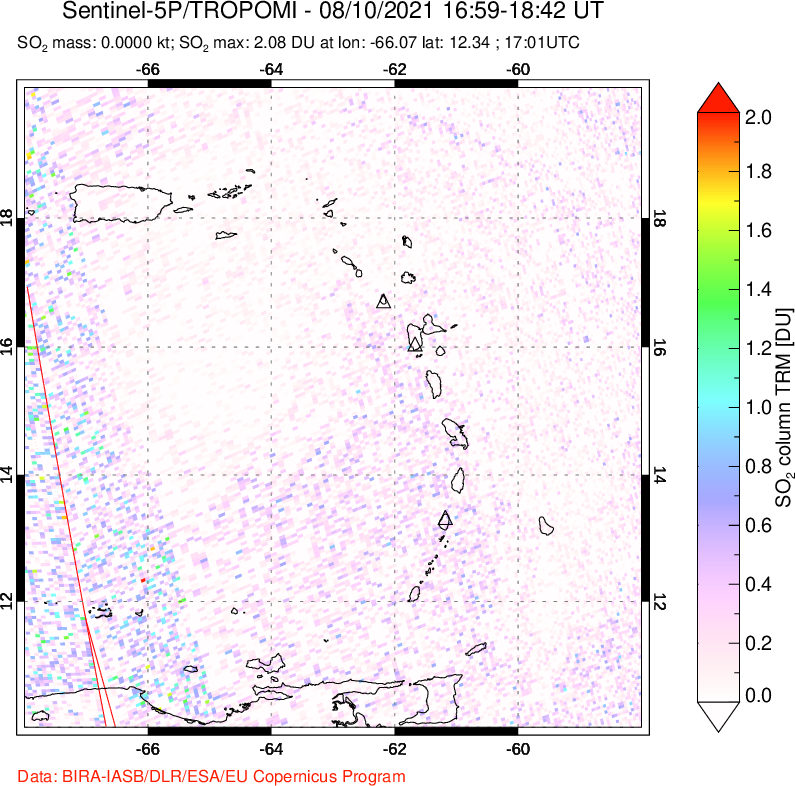 A sulfur dioxide image over Montserrat, West Indies on Aug 10, 2021.