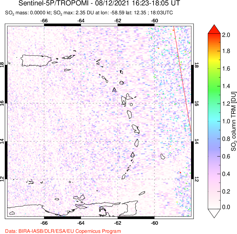 A sulfur dioxide image over Montserrat, West Indies on Aug 12, 2021.
