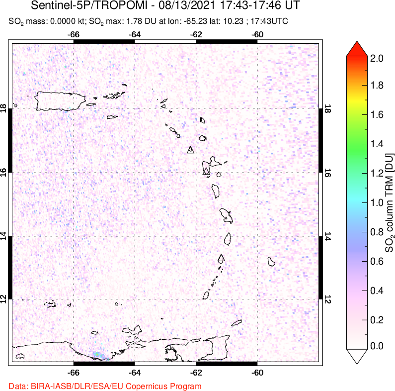 A sulfur dioxide image over Montserrat, West Indies on Aug 13, 2021.