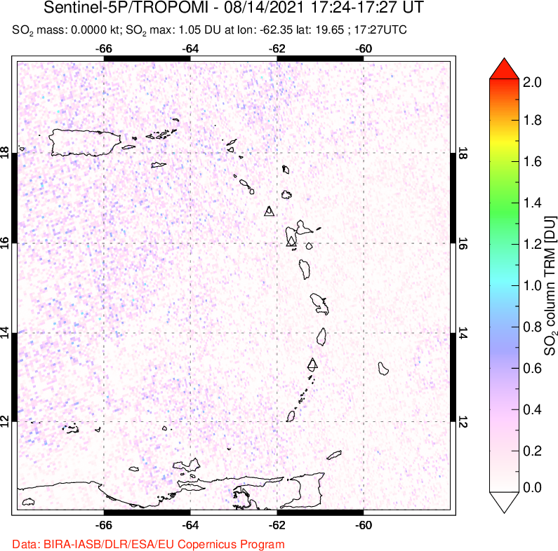 A sulfur dioxide image over Montserrat, West Indies on Aug 14, 2021.