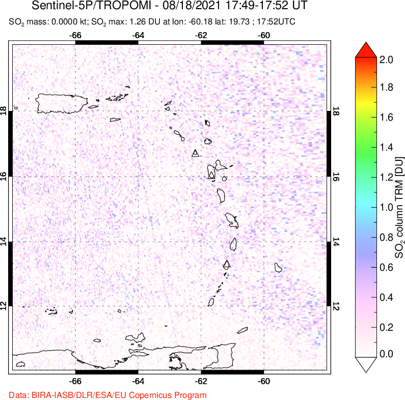 A sulfur dioxide image over Montserrat, West Indies on Aug 18, 2021.