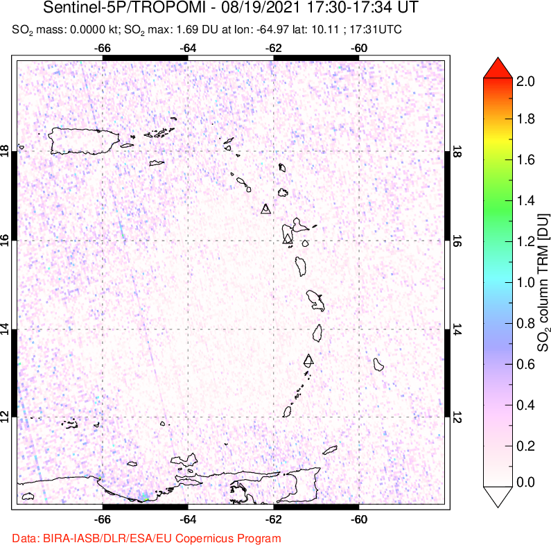 A sulfur dioxide image over Montserrat, West Indies on Aug 19, 2021.