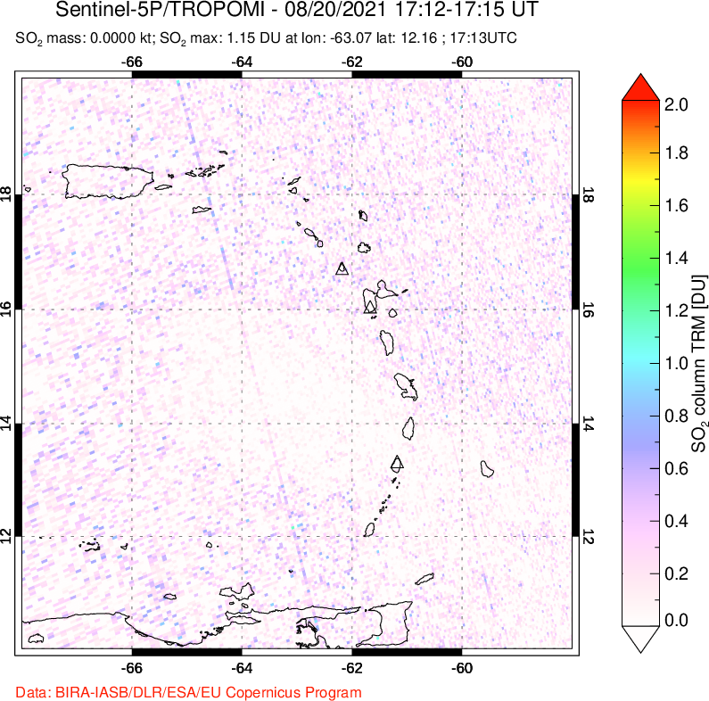 A sulfur dioxide image over Montserrat, West Indies on Aug 20, 2021.