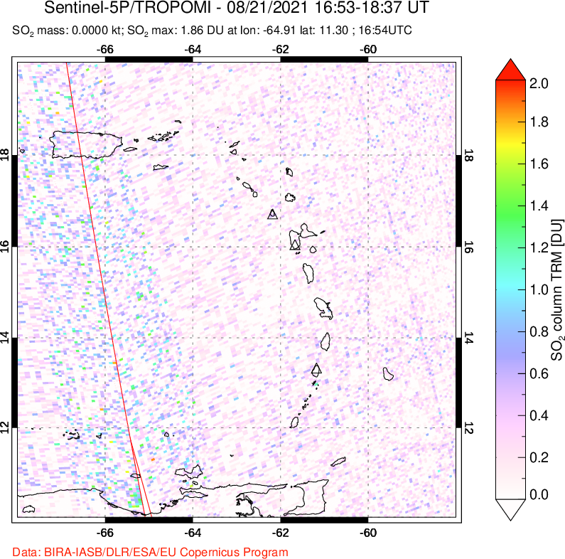 A sulfur dioxide image over Montserrat, West Indies on Aug 21, 2021.