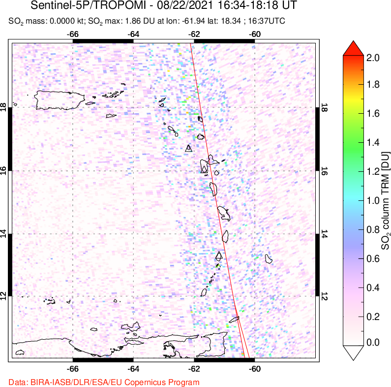 A sulfur dioxide image over Montserrat, West Indies on Aug 22, 2021.