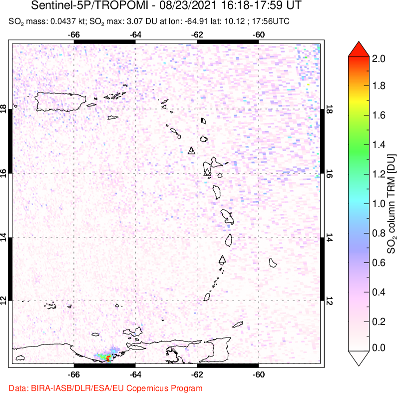 A sulfur dioxide image over Montserrat, West Indies on Aug 23, 2021.