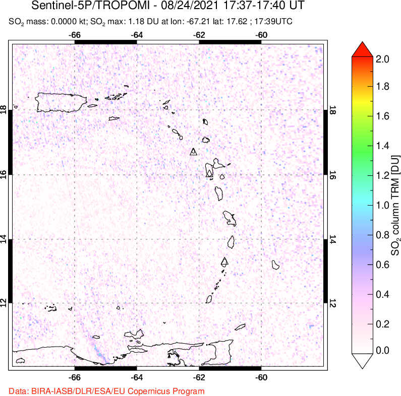 A sulfur dioxide image over Montserrat, West Indies on Aug 24, 2021.