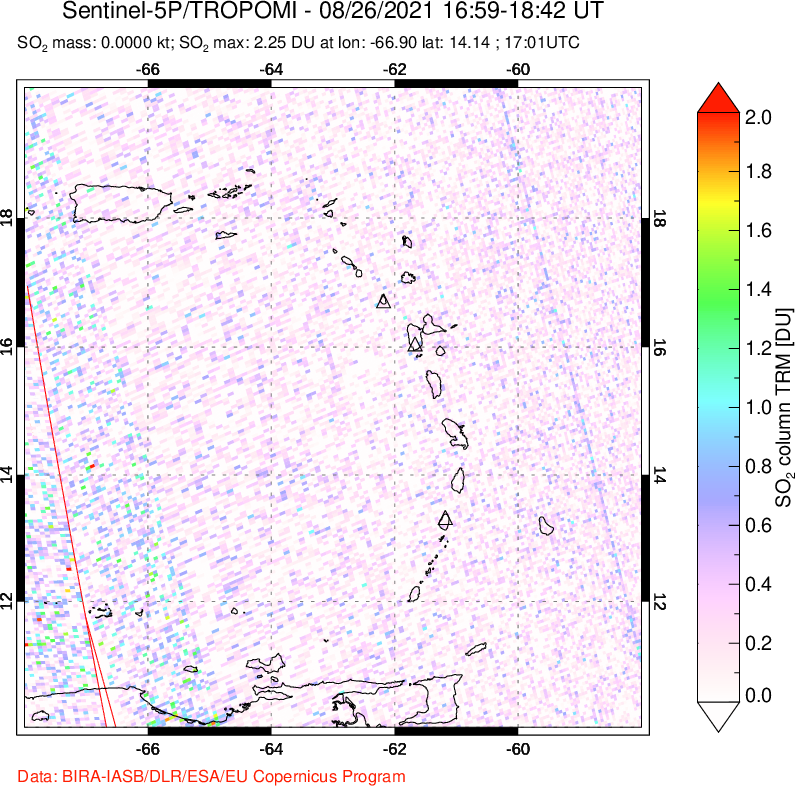 A sulfur dioxide image over Montserrat, West Indies on Aug 26, 2021.