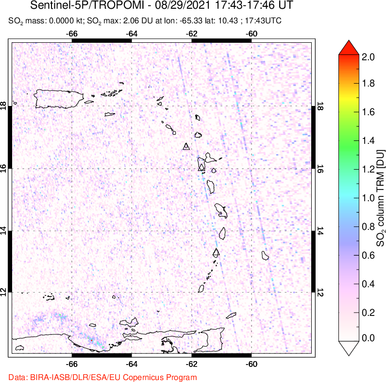 A sulfur dioxide image over Montserrat, West Indies on Aug 29, 2021.