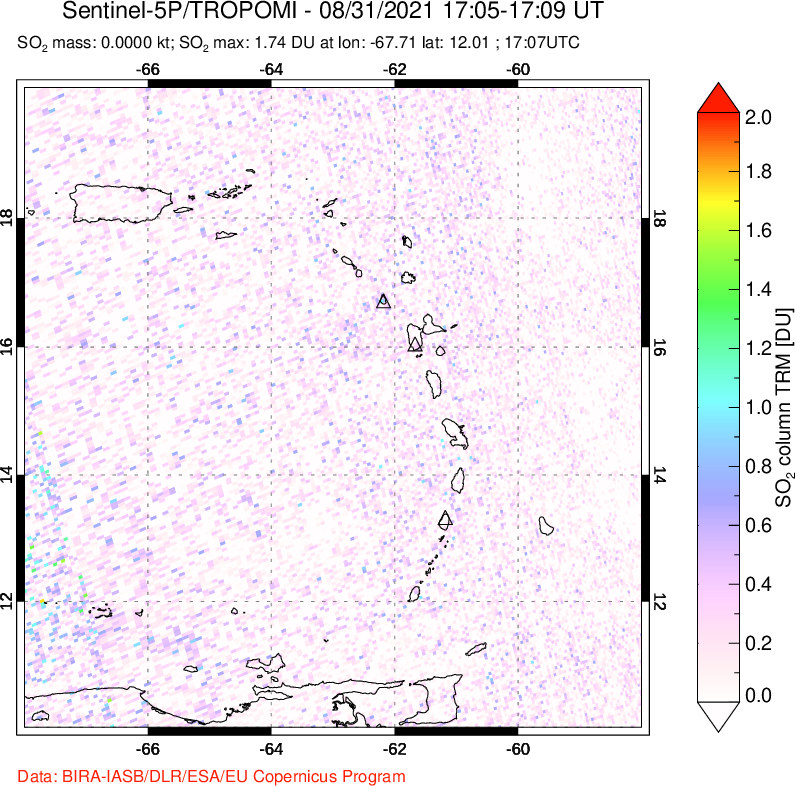 A sulfur dioxide image over Montserrat, West Indies on Aug 31, 2021.