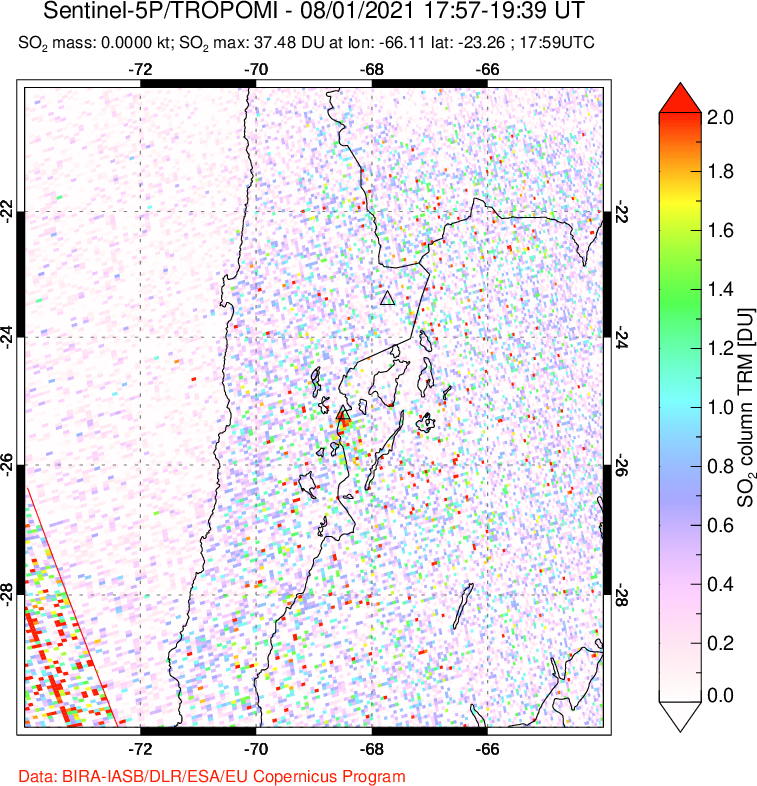 A sulfur dioxide image over Northern Chile on Aug 01, 2021.