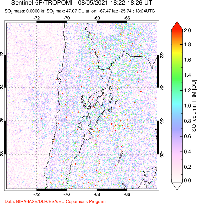 A sulfur dioxide image over Northern Chile on Aug 05, 2021.