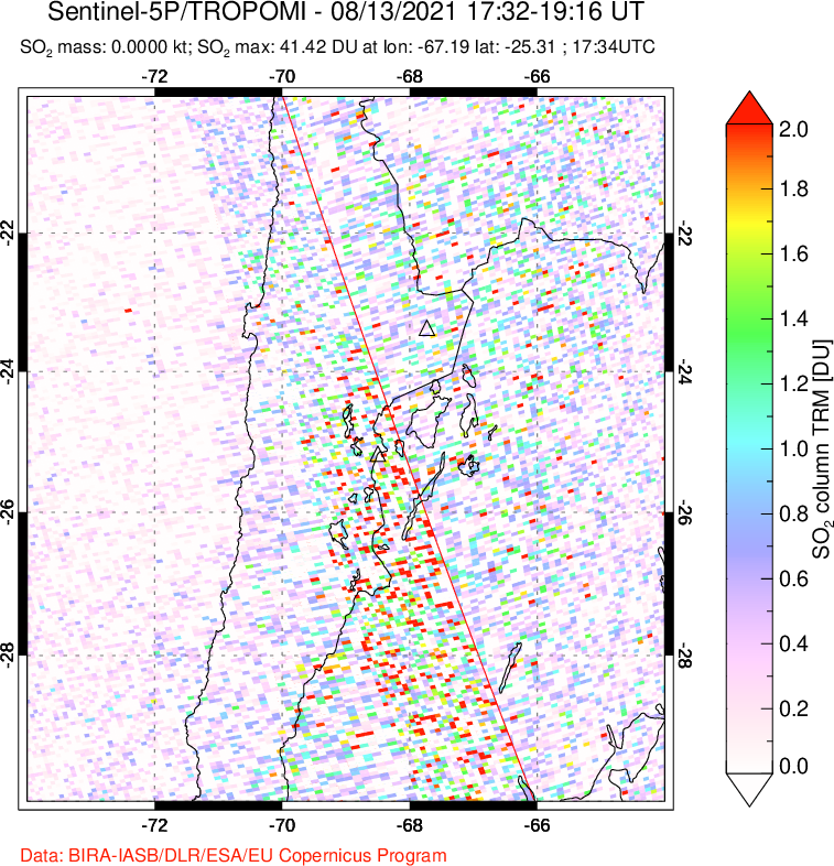 A sulfur dioxide image over Northern Chile on Aug 13, 2021.