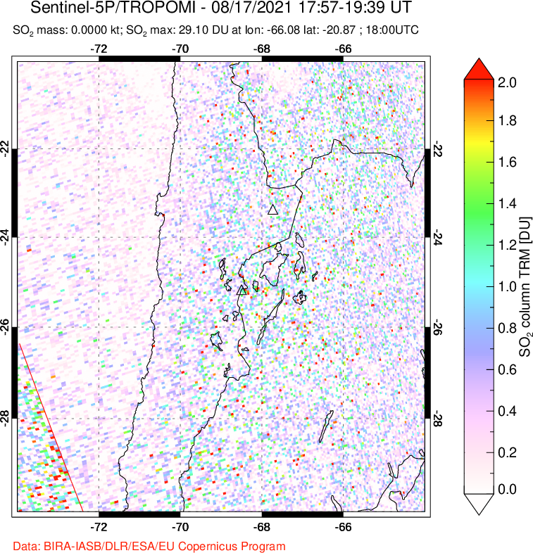 A sulfur dioxide image over Northern Chile on Aug 17, 2021.