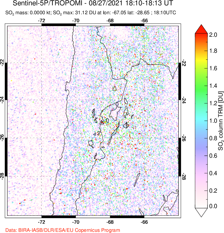 A sulfur dioxide image over Northern Chile on Aug 27, 2021.