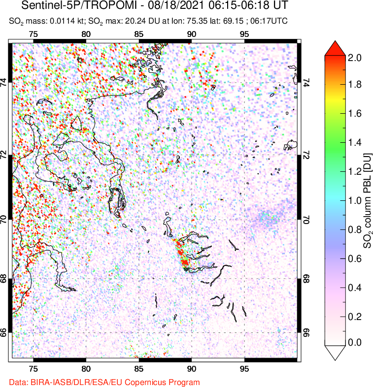 A sulfur dioxide image over Norilsk, Russian Federation on Aug 18, 2021.