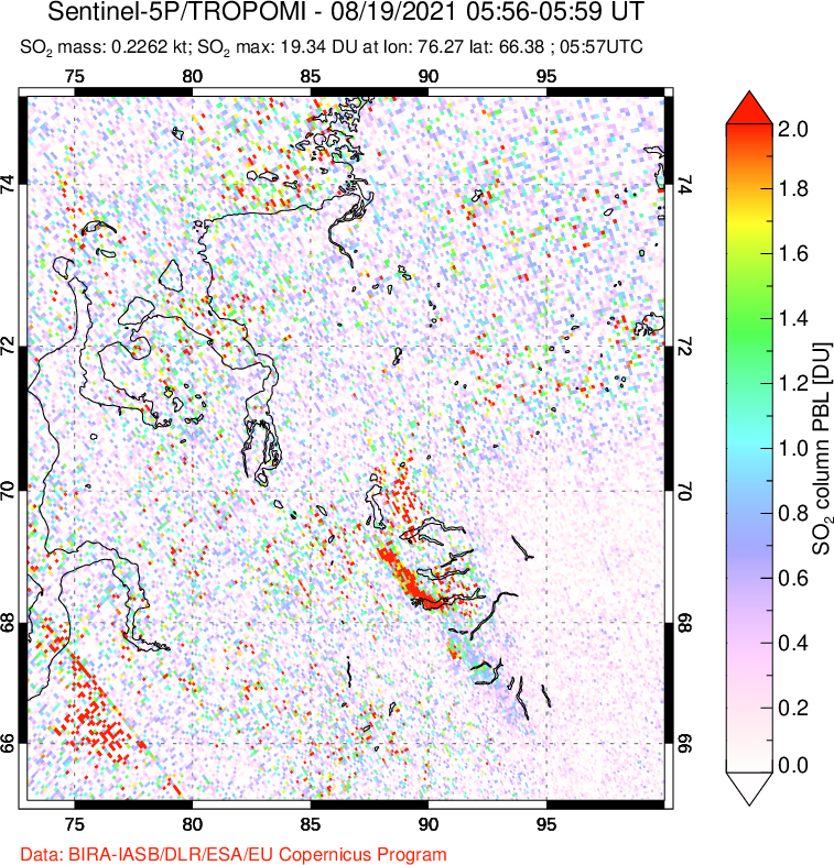 A sulfur dioxide image over Norilsk, Russian Federation on Aug 19, 2021.