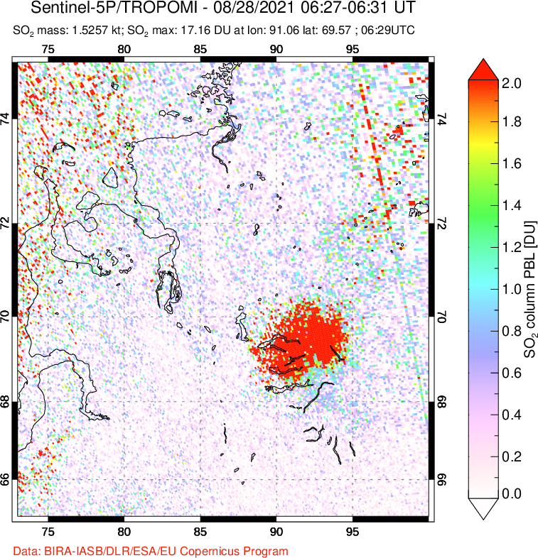 A sulfur dioxide image over Norilsk, Russian Federation on Aug 28, 2021.