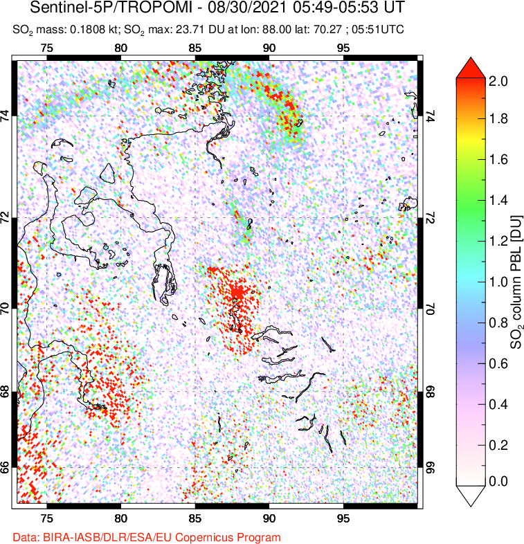 A sulfur dioxide image over Norilsk, Russian Federation on Aug 30, 2021.