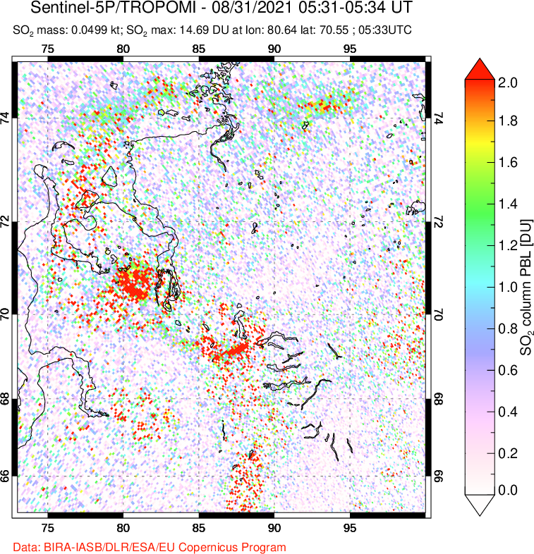A sulfur dioxide image over Norilsk, Russian Federation on Aug 31, 2021.