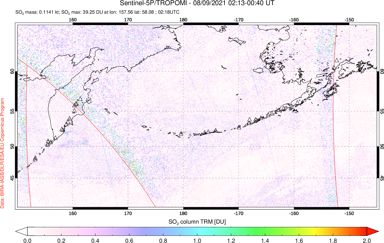 A sulfur dioxide image over North Pacific on Aug 09, 2021.
