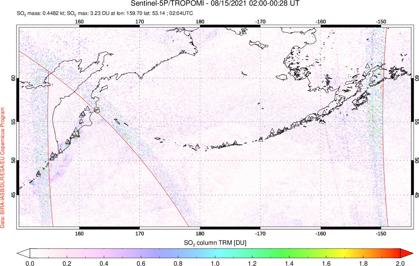 A sulfur dioxide image over North Pacific on Aug 15, 2021.