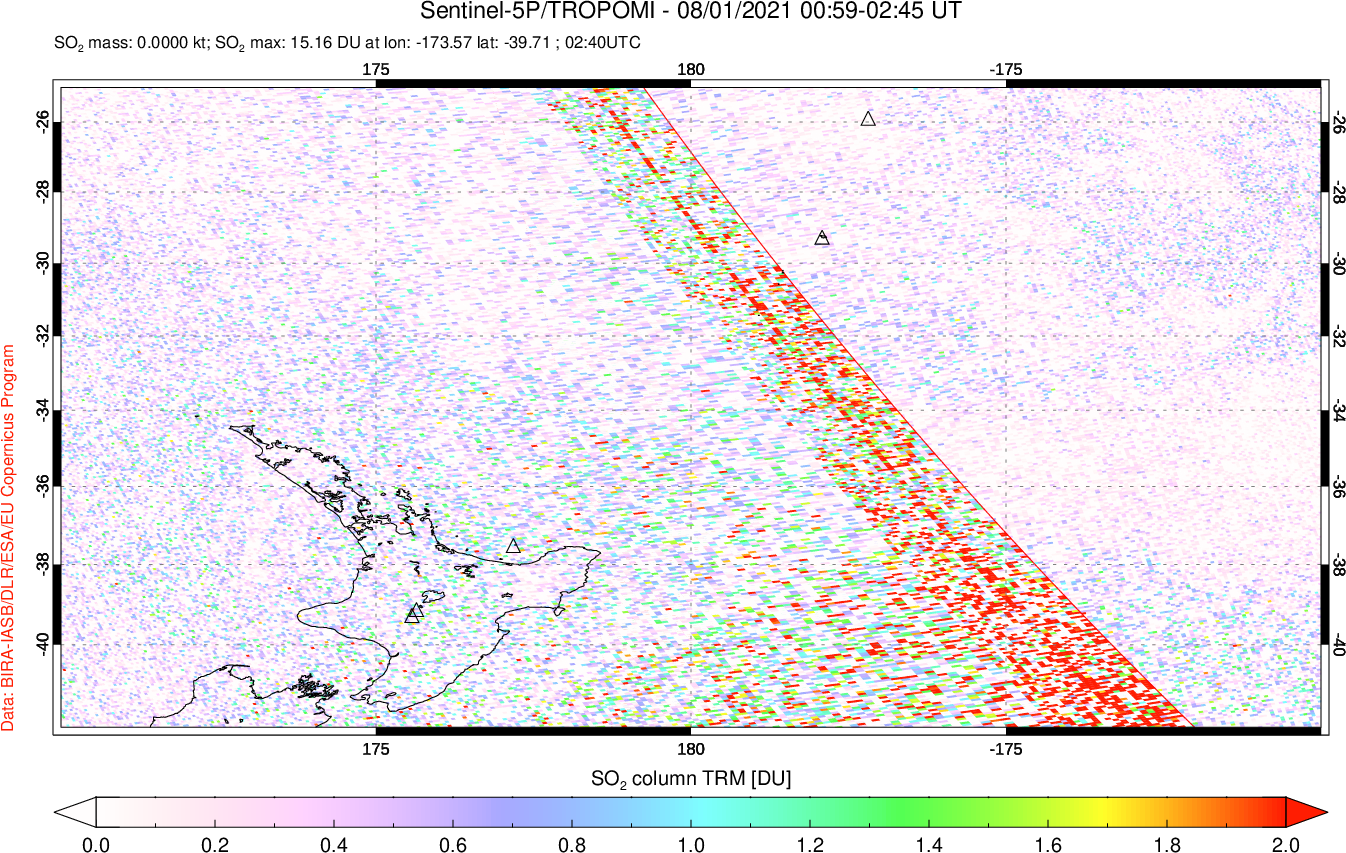 A sulfur dioxide image over New Zealand on Aug 01, 2021.