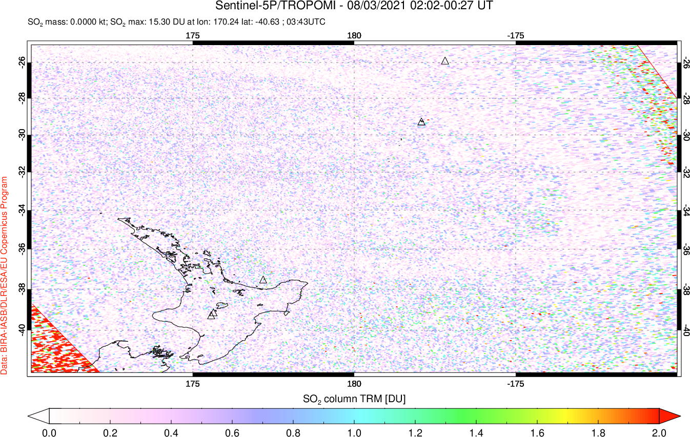 A sulfur dioxide image over New Zealand on Aug 03, 2021.