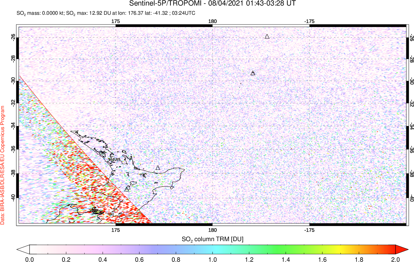 A sulfur dioxide image over New Zealand on Aug 04, 2021.