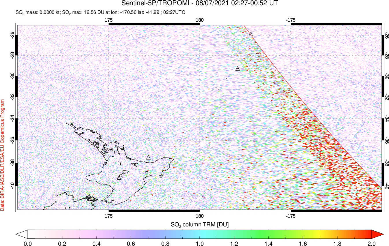 A sulfur dioxide image over New Zealand on Aug 07, 2021.