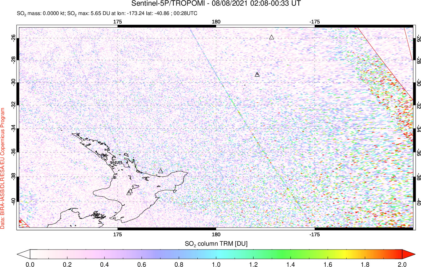A sulfur dioxide image over New Zealand on Aug 08, 2021.