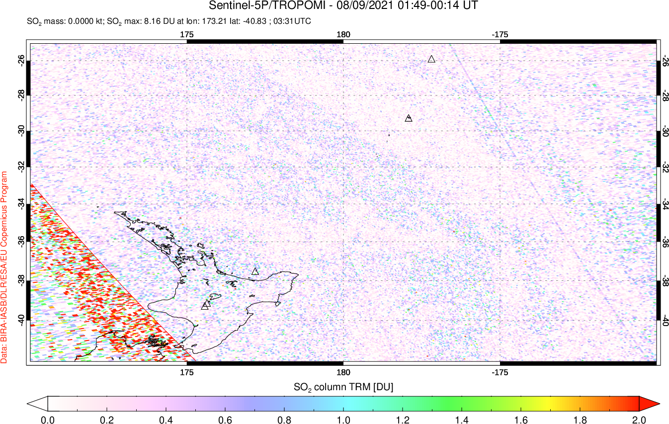 A sulfur dioxide image over New Zealand on Aug 09, 2021.