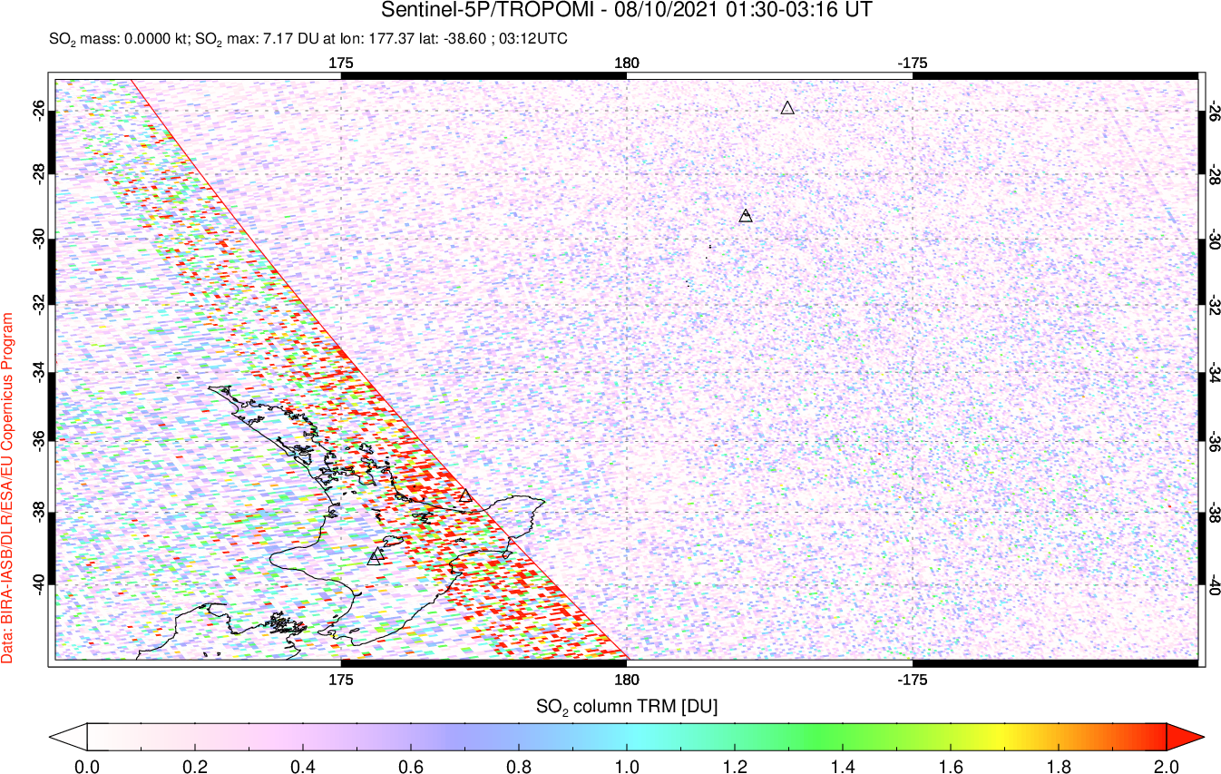 A sulfur dioxide image over New Zealand on Aug 10, 2021.