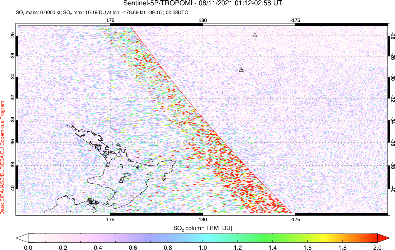 A sulfur dioxide image over New Zealand on Aug 11, 2021.