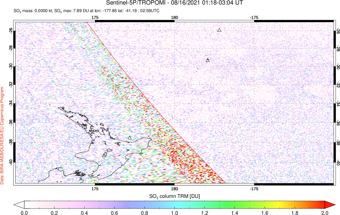 A sulfur dioxide image over New Zealand on Aug 16, 2021.