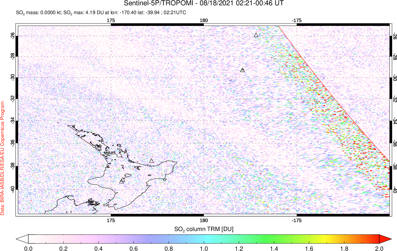 A sulfur dioxide image over New Zealand on Aug 18, 2021.