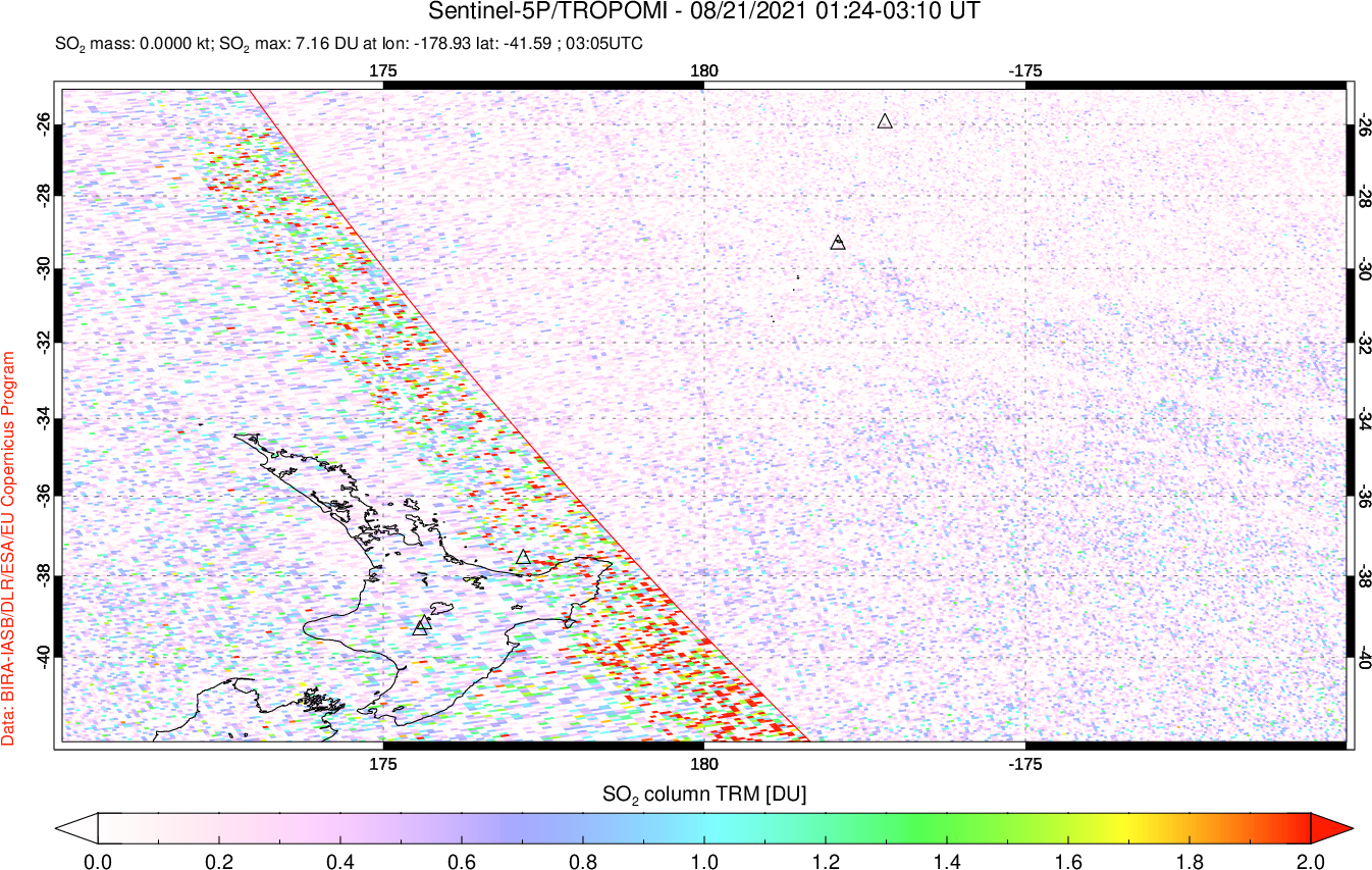 A sulfur dioxide image over New Zealand on Aug 21, 2021.