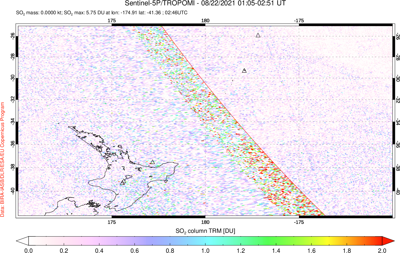 A sulfur dioxide image over New Zealand on Aug 22, 2021.