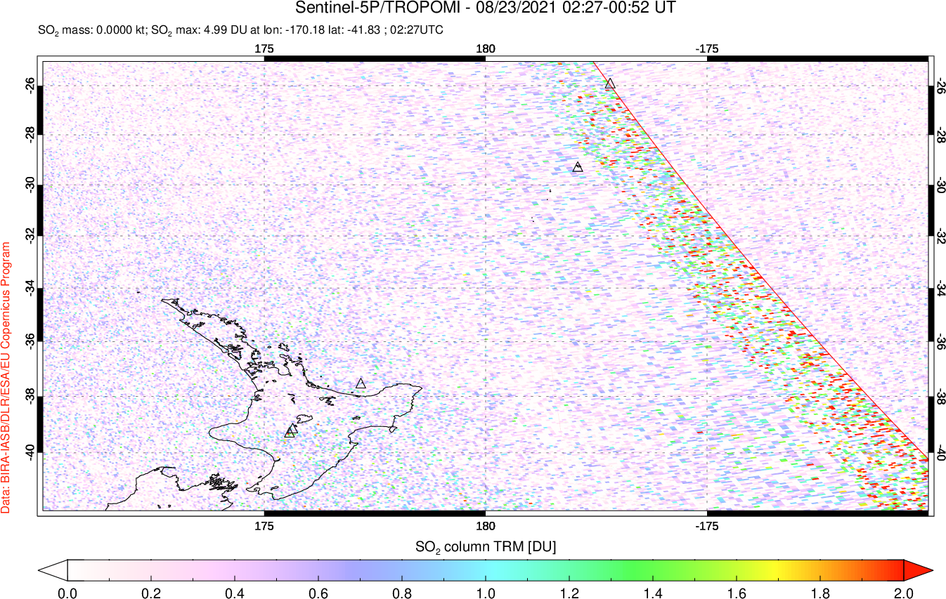 A sulfur dioxide image over New Zealand on Aug 23, 2021.