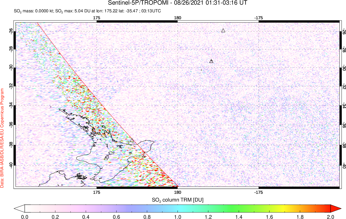 A sulfur dioxide image over New Zealand on Aug 26, 2021.