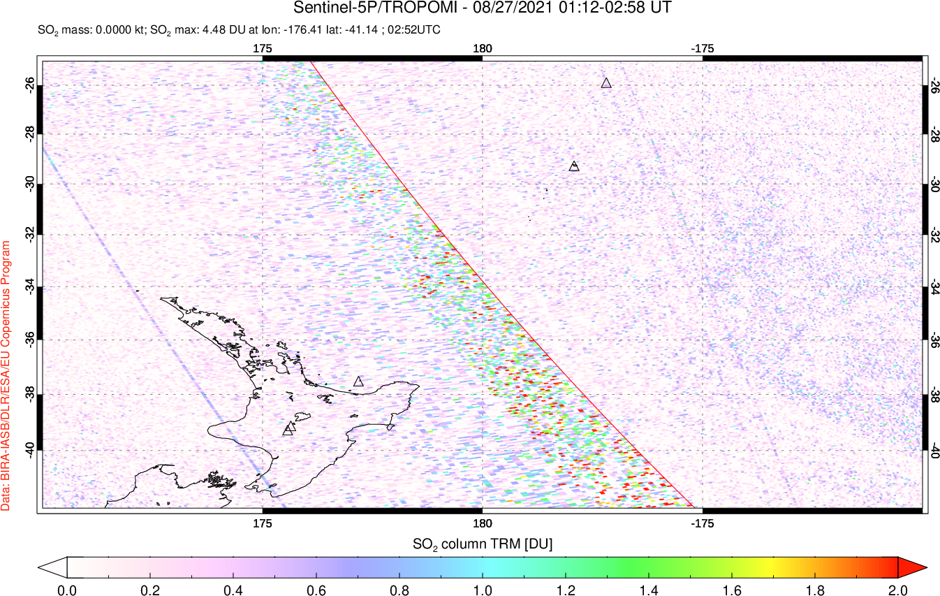 A sulfur dioxide image over New Zealand on Aug 27, 2021.