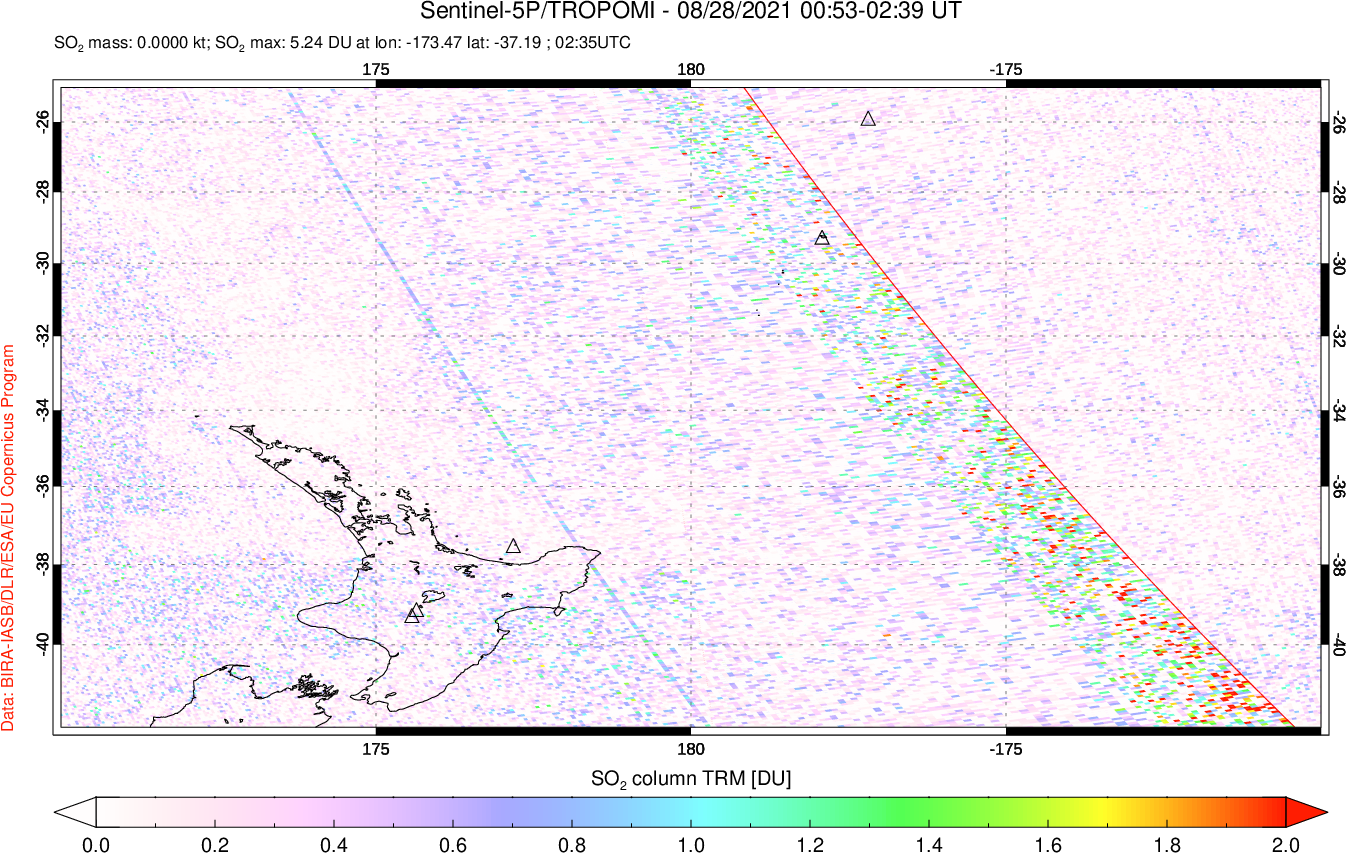 A sulfur dioxide image over New Zealand on Aug 28, 2021.