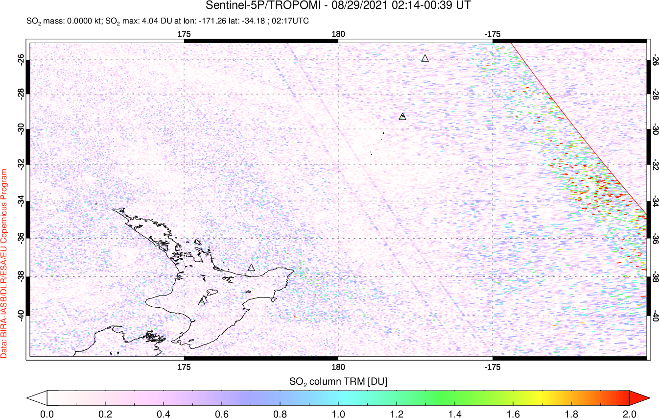 A sulfur dioxide image over New Zealand on Aug 29, 2021.