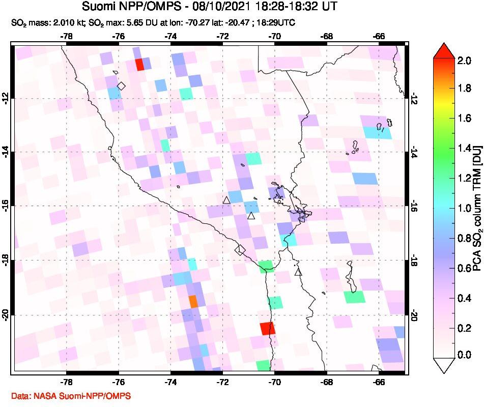 A sulfur dioxide image over Peru on Aug 10, 2021.